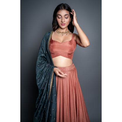 Shahmeen Husain Bronze & Bottle Green Zari Lehenga Blouse& Dupatta (Set of 3)