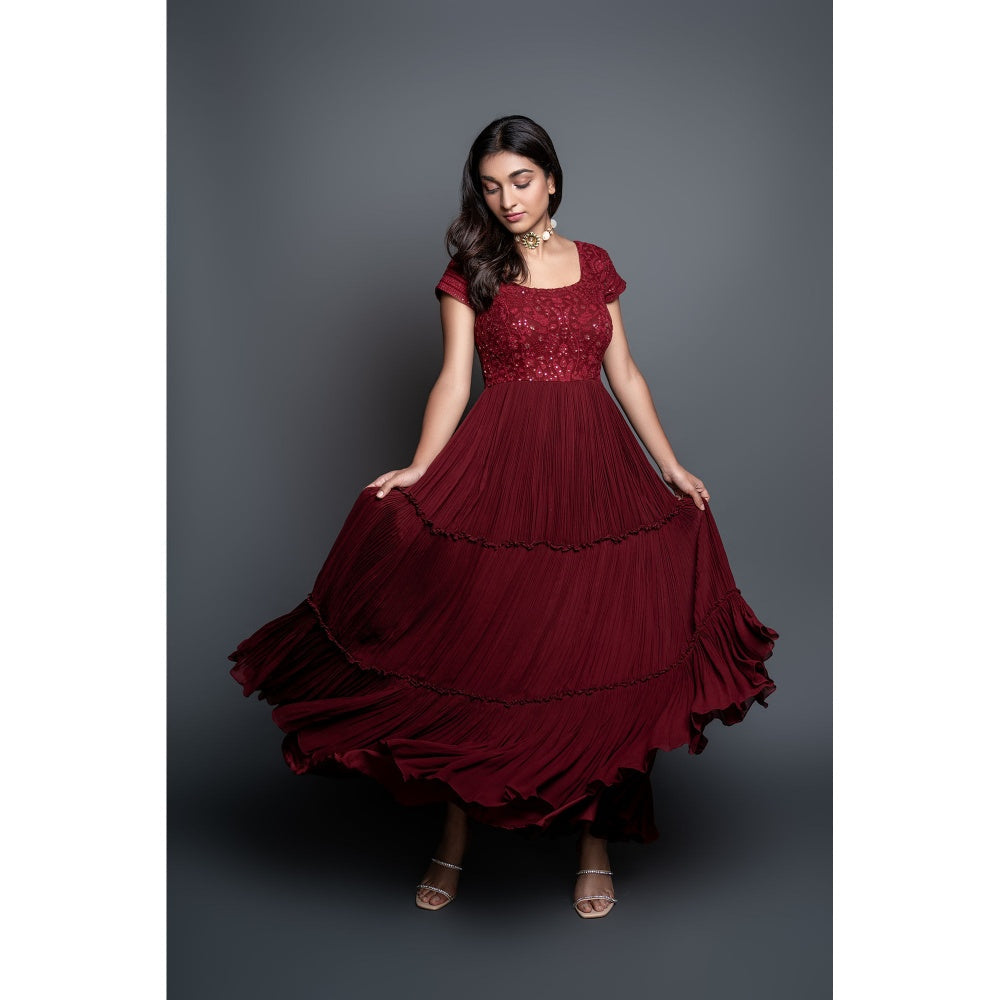 Shahmeen Husain Maroon Chikankari Pleated Maxi Dress with Dupatta (Set of 2)