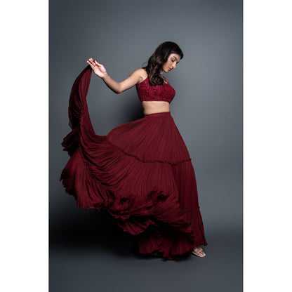 Shahmeen Husain Maroon Chikankari Strappy Blouse & Skirt (Set of 2)