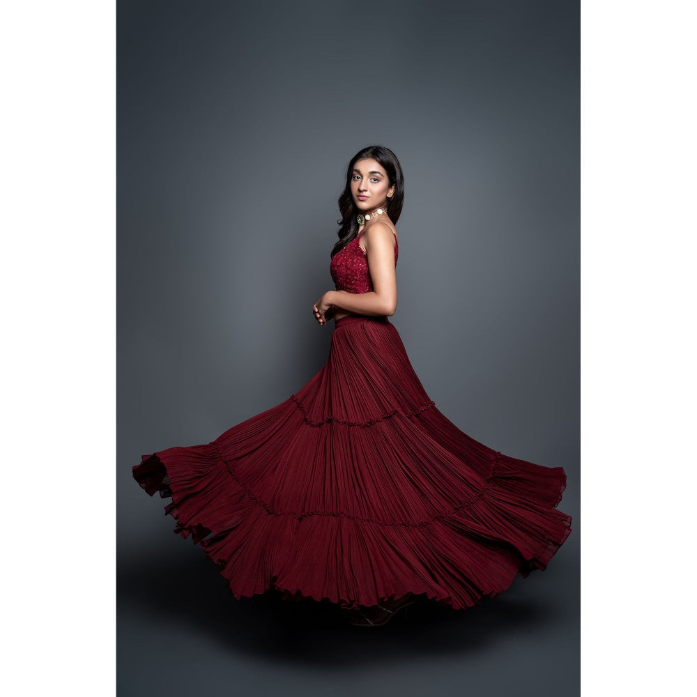 Shahmeen Husain Maroon Chikankari Strappy Blouse & Skirt (Set of 2)