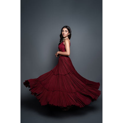 Shahmeen Husain Maroon Chikankari Strappy Blouse & Skirt (Set of 2)