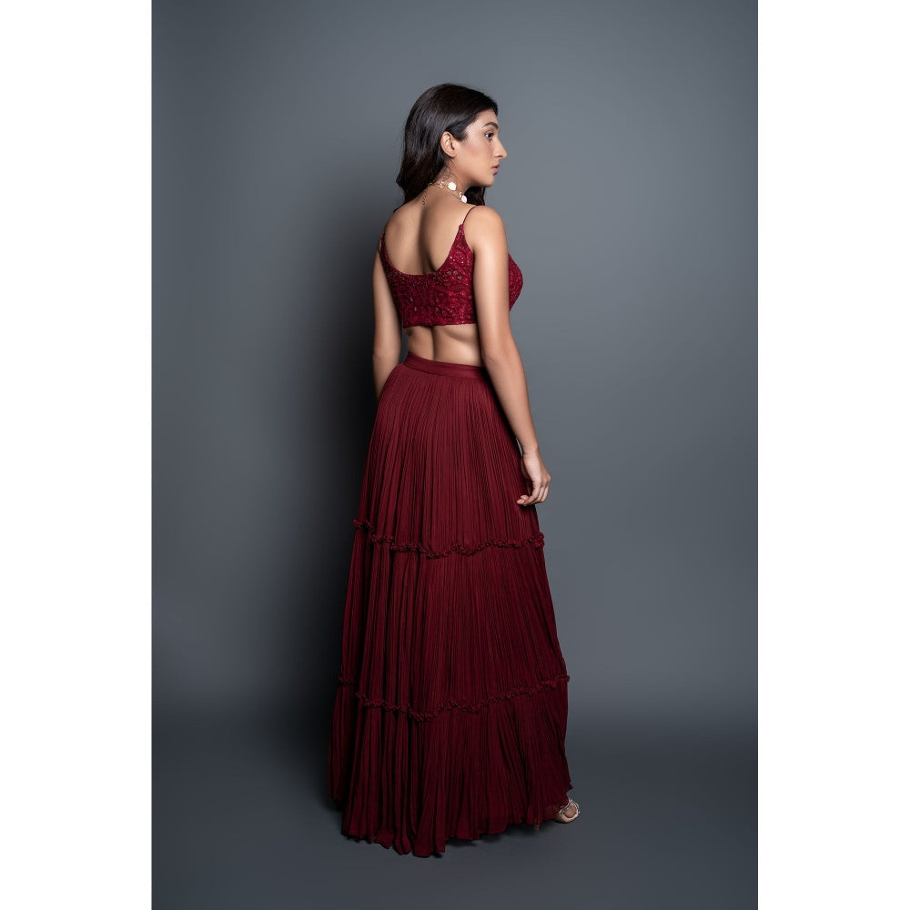 Shahmeen Husain Maroon Chikankari Strappy Blouse & Skirt (Set of 2)