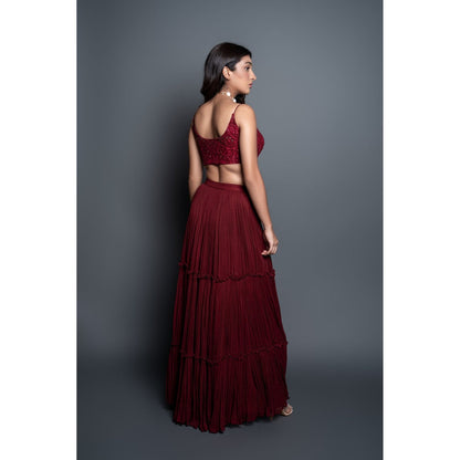 Shahmeen Husain Maroon Chikankari Strappy Blouse & Skirt (Set of 2)