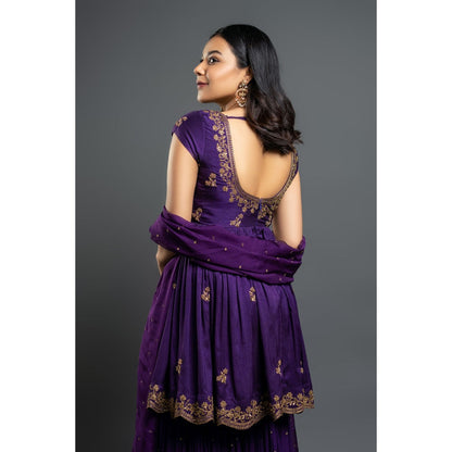 Shahmeen Husain Purple Sharara Blouse with Dupatta (Set of 3)