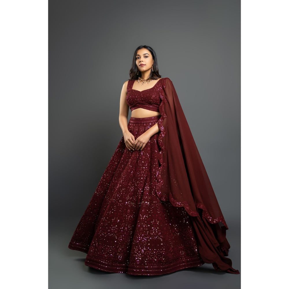 Shahmeen Husain Maroon Chikankari Lehenga Blouse with Dupatta (Set of 3)