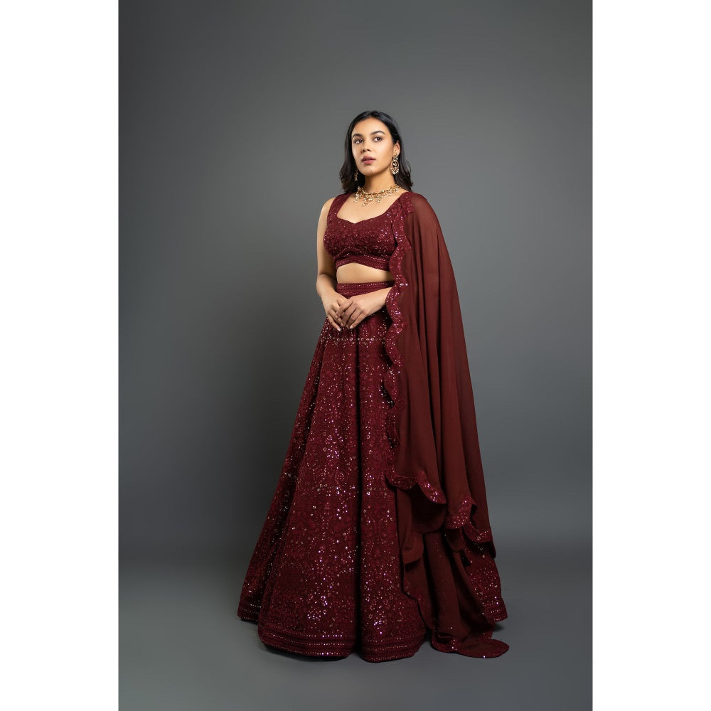 Shahmeen Husain Maroon Chikankari Lehenga Blouse with Dupatta (Set of 3)
