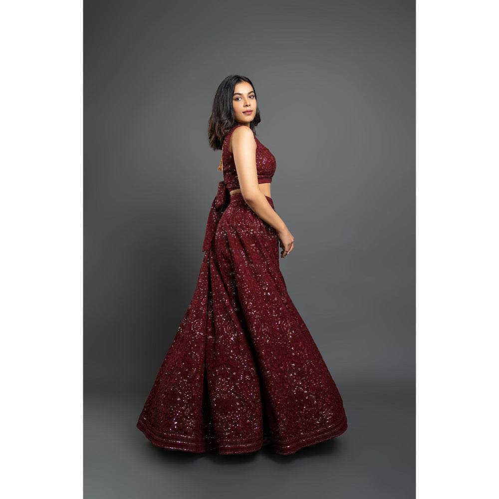 Shahmeen Husain Maroon Chikankari Lehenga Blouse with Dupatta (Set of 3)