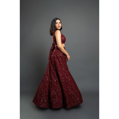 Shahmeen Husain Maroon Chikankari Lehenga Blouse with Dupatta (Set of 3)