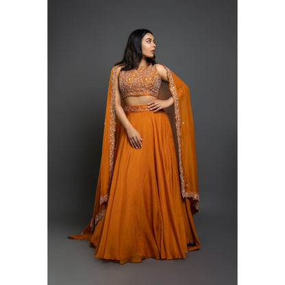 Shahmeen Husain Orange Embroidered Lehenga Blouse & Dupatta (Set of 3)