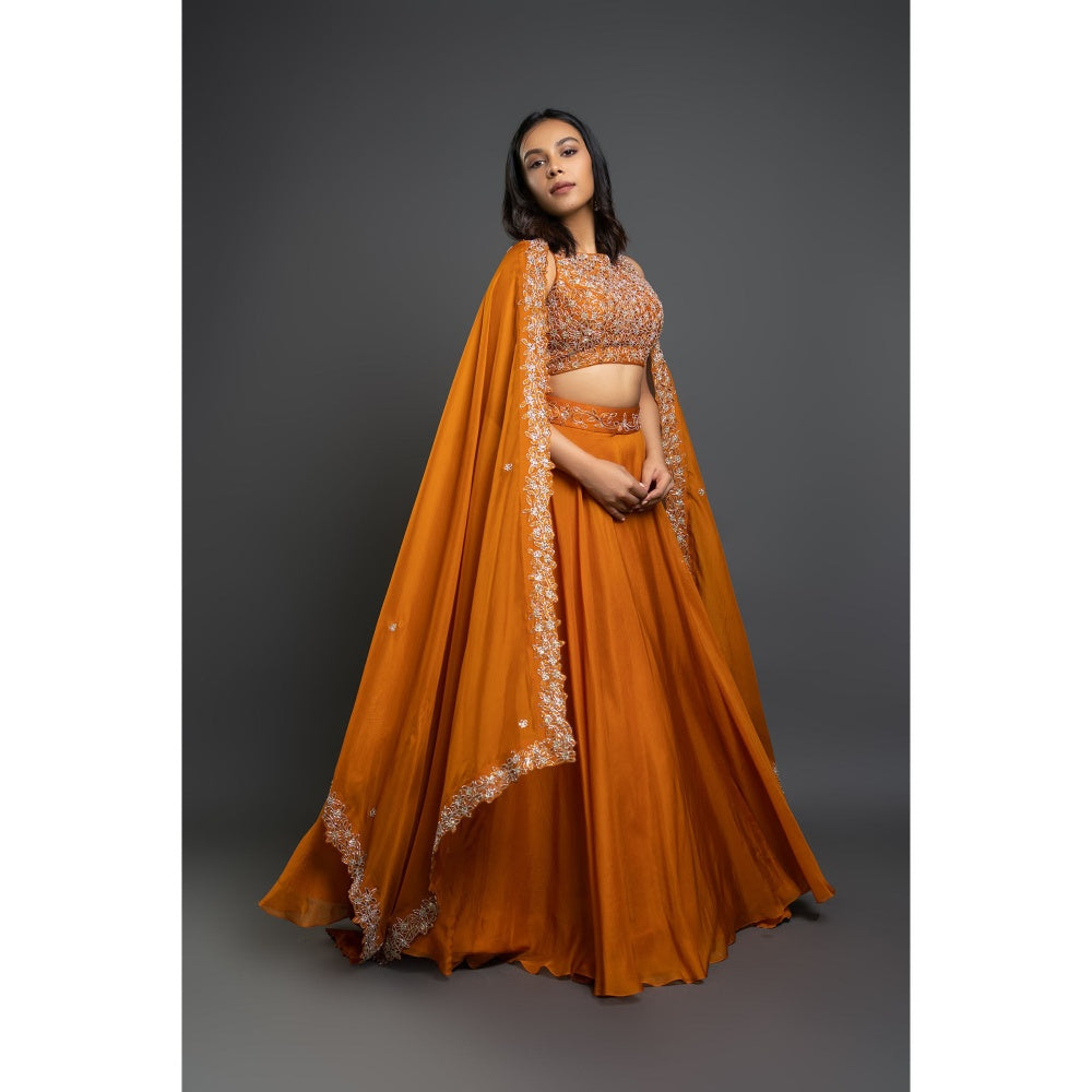 Shahmeen Husain Orange Embroidered Lehenga Blouse & Dupatta (Set of 3)