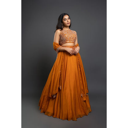 Shahmeen Husain Orange Embroidered Lehenga Blouse & Dupatta (Set of 3)