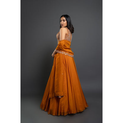 Shahmeen Husain Orange Embroidered Lehenga Blouse & Dupatta (Set of 3)