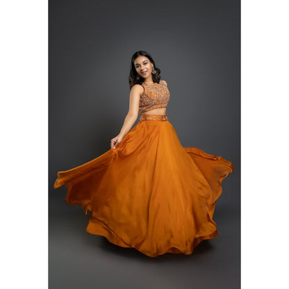Shahmeen Husain Orange Embroidered Lehenga Blouse & Dupatta (Set of 3)