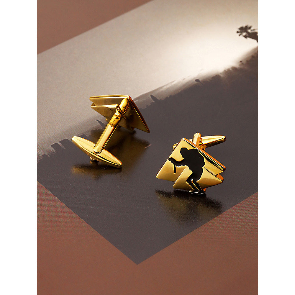 Shaze Gold Black Enamelled Rhodium-Plated 2 Pyramid Geometric Cufflinks