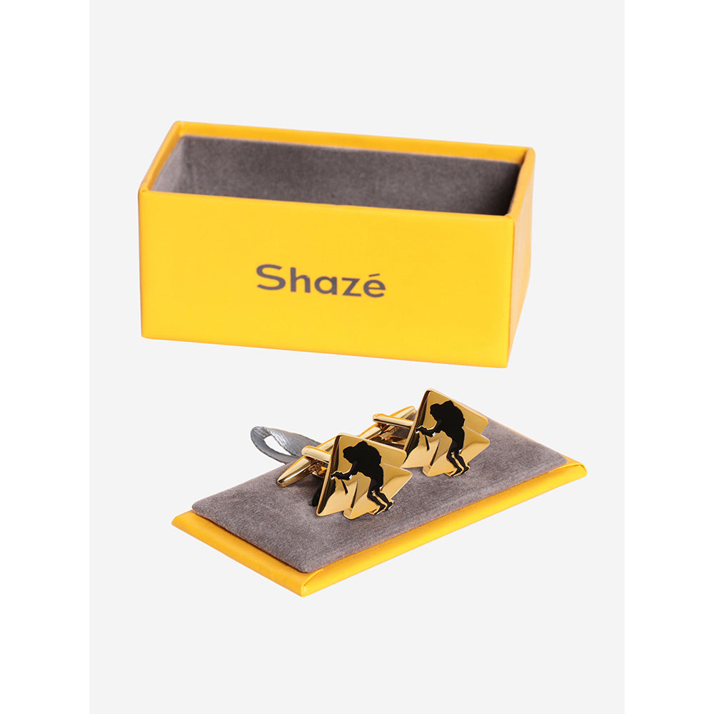 Shaze Gold Black Enamelled Rhodium-Plated 2 Pyramid Geometric Cufflinks