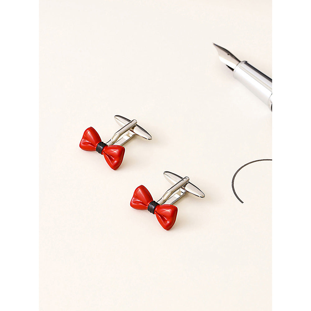 Shaze Silver Red Enamelled Rhodium-Plated Red Big Bow Cufflinks