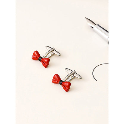 Shaze Silver Red Enamelled Rhodium-Plated Red Big Bow Cufflinks