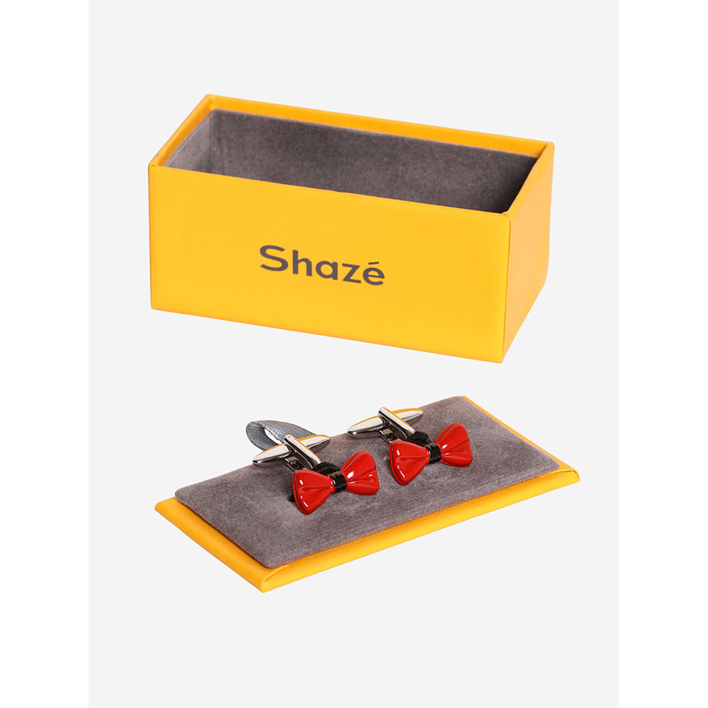 Shaze Silver Red Enamelled Rhodium-Plated Red Big Bow Cufflinks