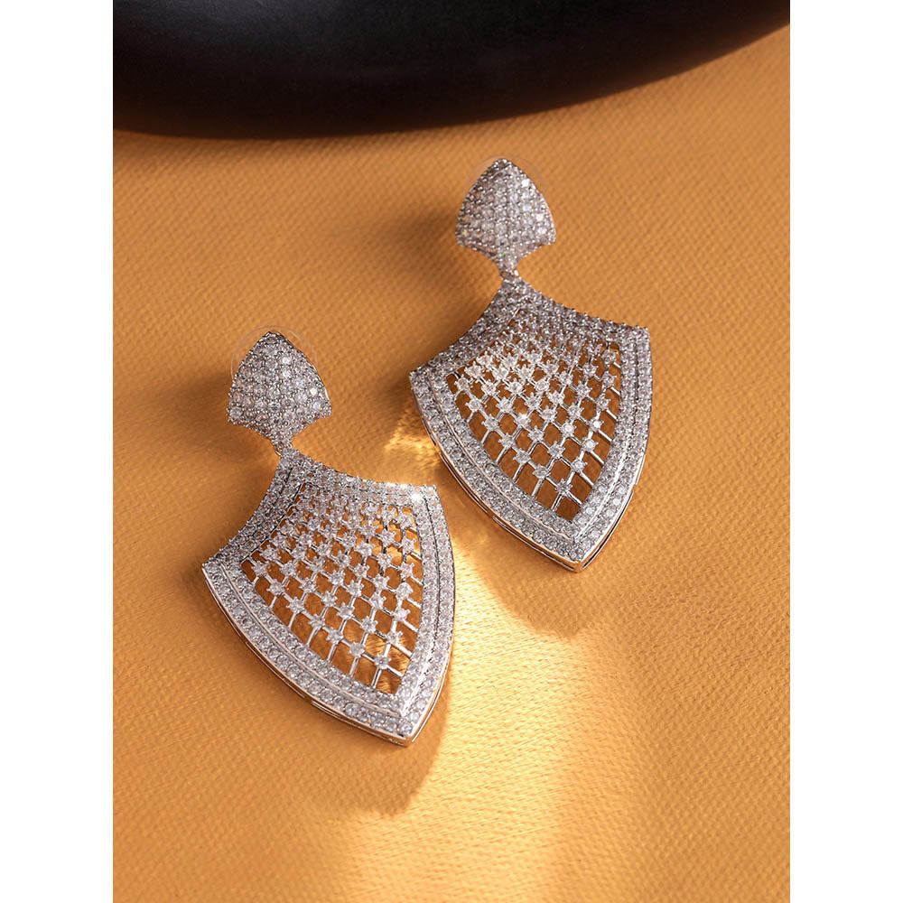 Shaze Silver Rhodium-Plated Cubic Zirconia Shield Drop Earrings for Women