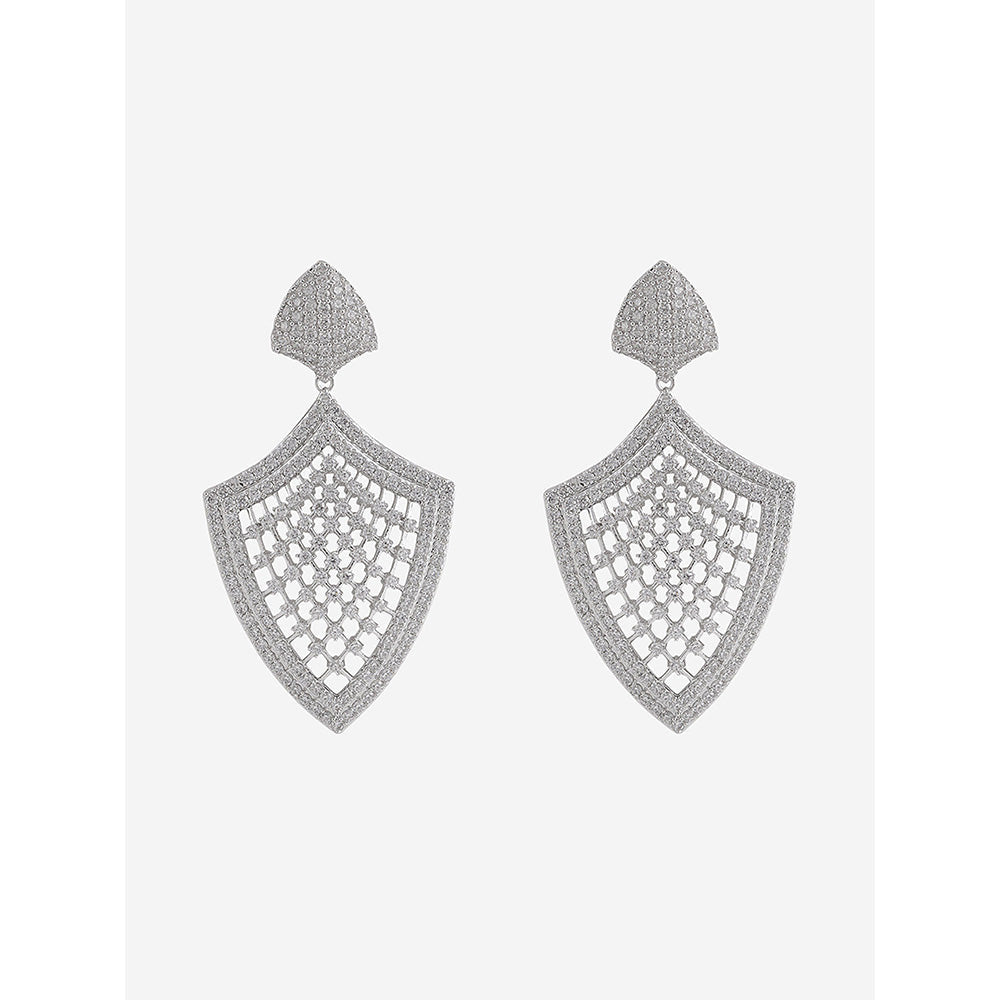 Shaze Silver Rhodium-Plated Cubic Zirconia Shield Drop Earrings for Women