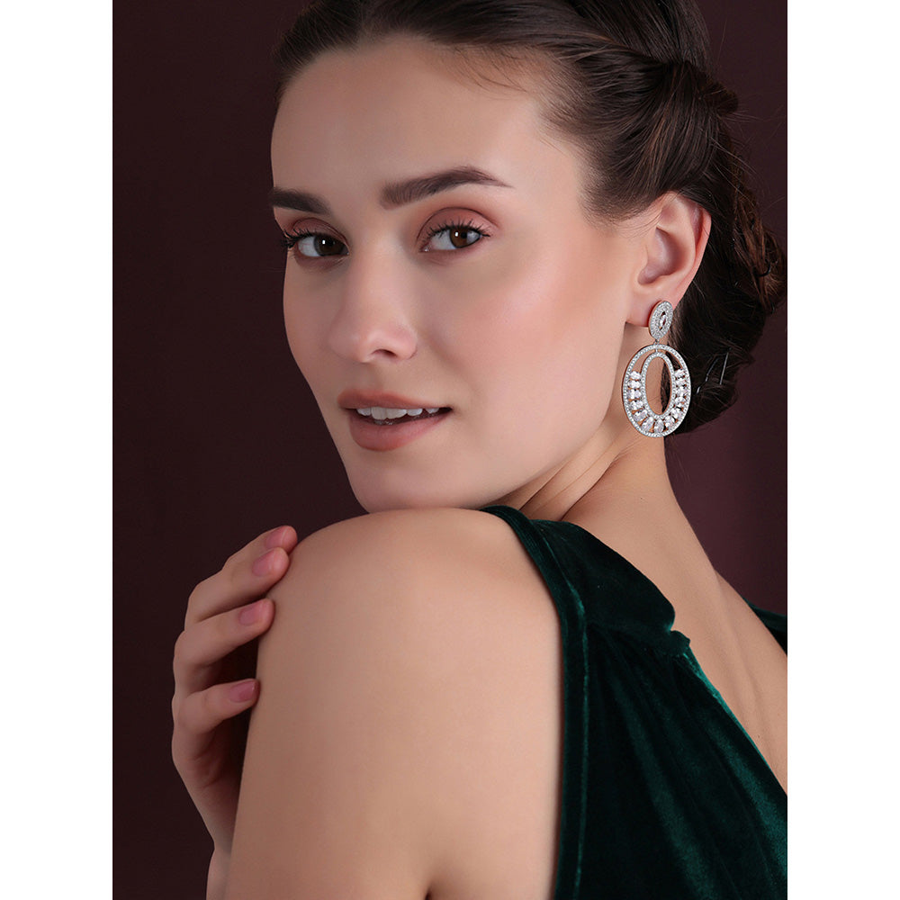 Shaze Silver Rhodium-Plated Cubic Zirconia Elongate Oval Drop Earrings for Women