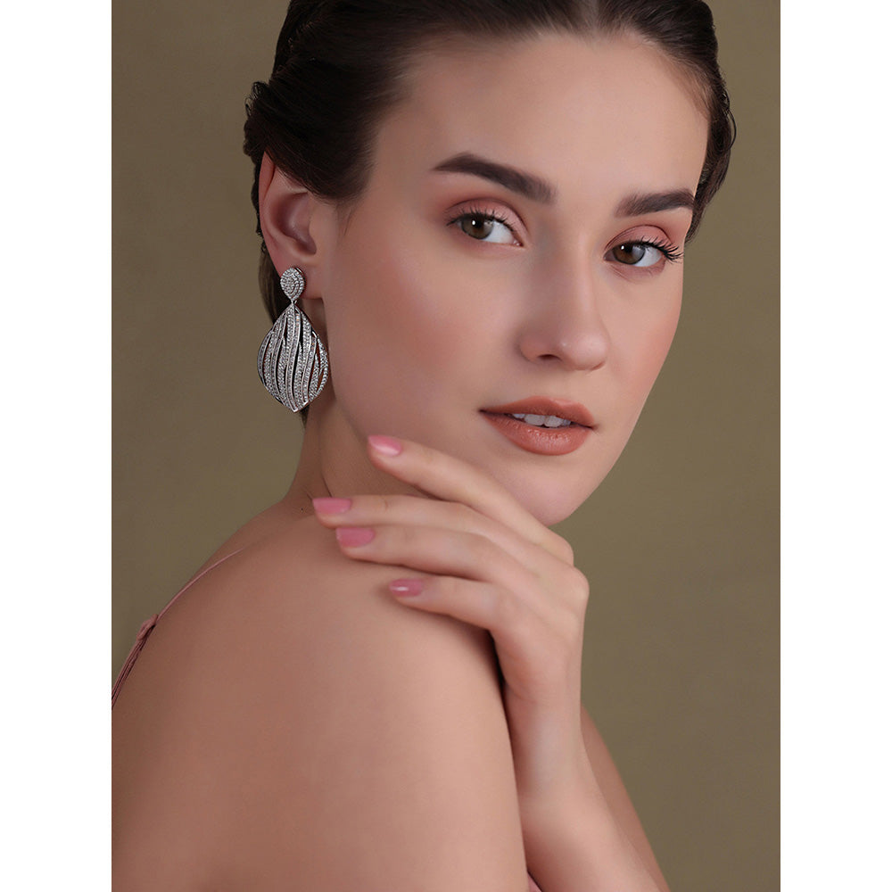 Shaze Silver Rhodium-Plated Cubic Zirconia Atlas Drop Earrings for Women