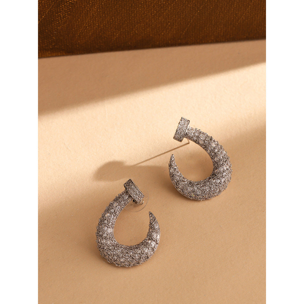 Shaze Silver Rhodium-Plated Cubic Zirconia Nailed Hoop Earrings for Women