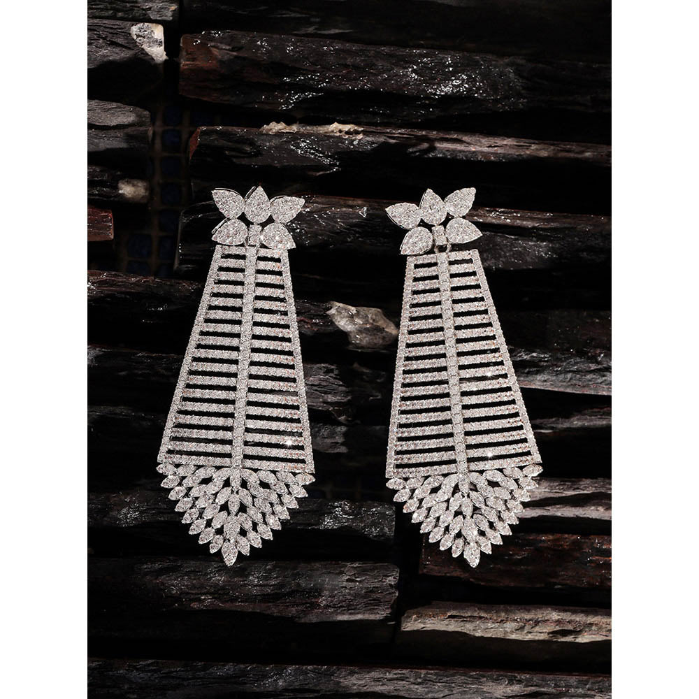 Shaze Silver Rhodium-Plated Cubic Zirconia Pyramid Drop Earrings for Women