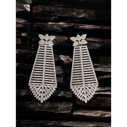 Shaze Silver Rhodium-Plated Cubic Zirconia Pyramid Drop Earrings for Women