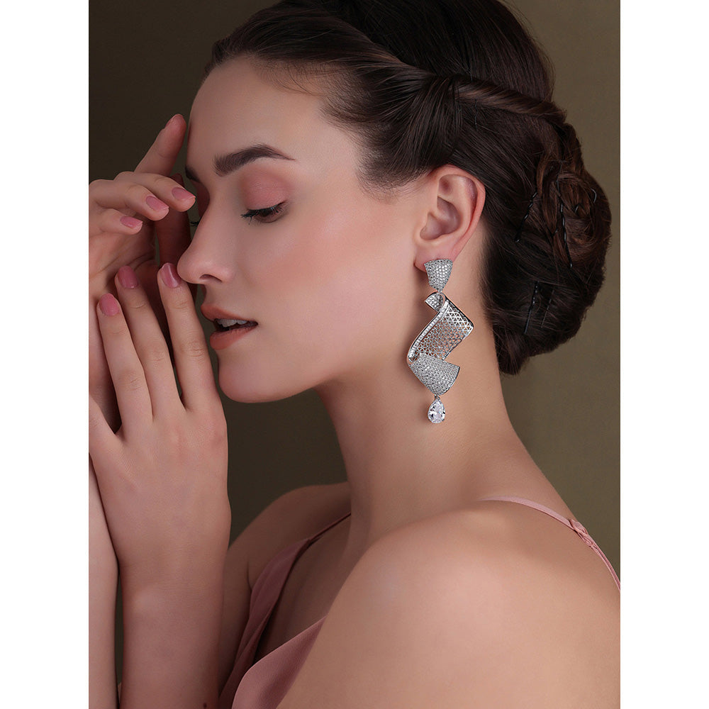 Shaze Silver Rhodium-Plated Cubic Zirconia Twirly Drop Earrings for Women