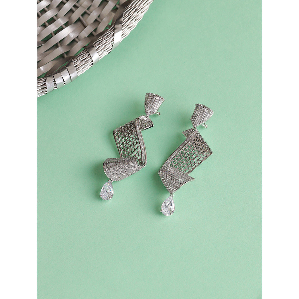 Shaze Silver Rhodium-Plated Cubic Zirconia Twirly Drop Earrings for Women