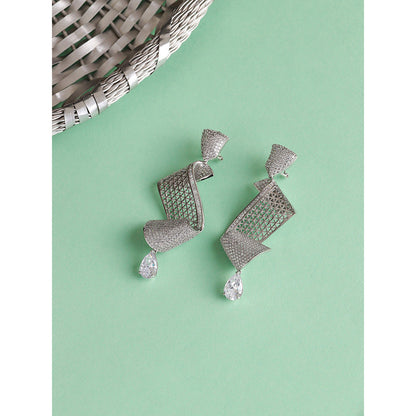 Shaze Silver Rhodium-Plated Cubic Zirconia Twirly Drop Earrings for Women