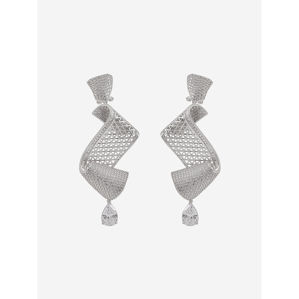Shaze Silver Rhodium-Plated Cubic Zirconia Twirly Drop Earrings for Women