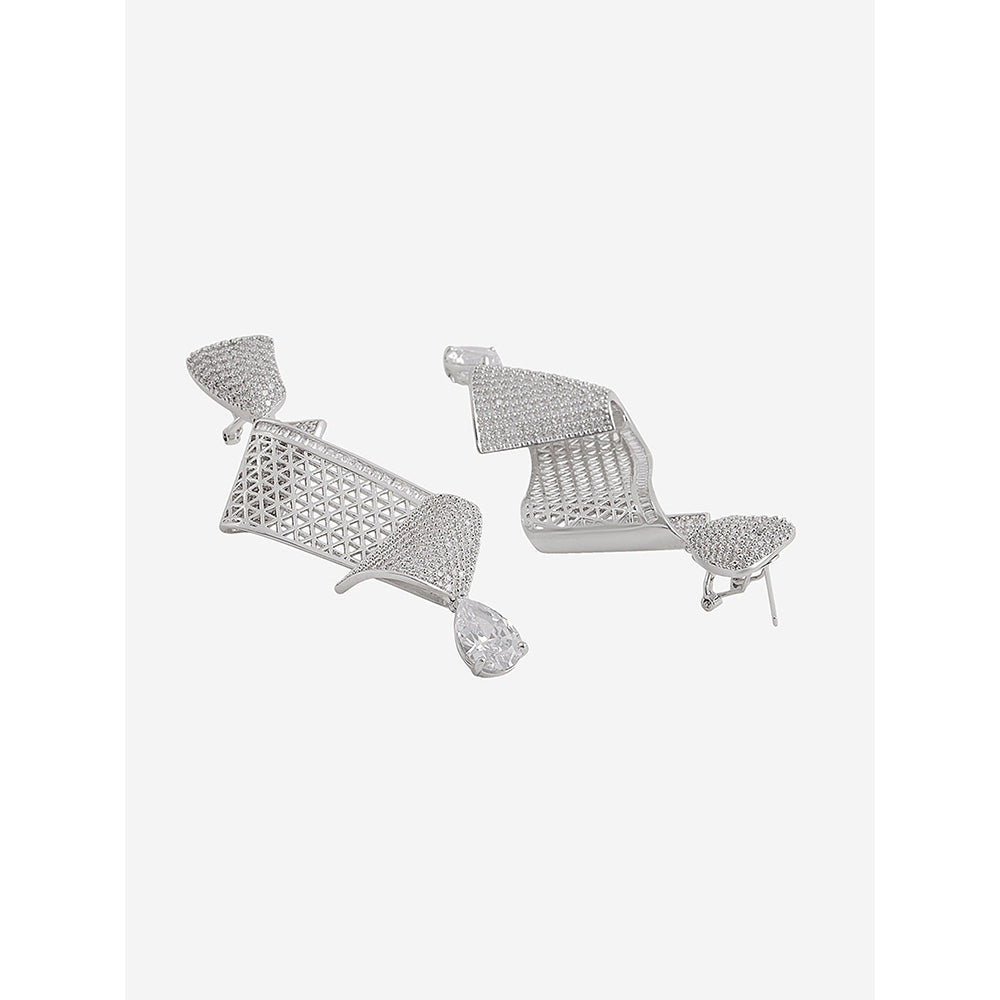 Shaze Silver Rhodium-Plated Cubic Zirconia Twirly Drop Earrings for Women