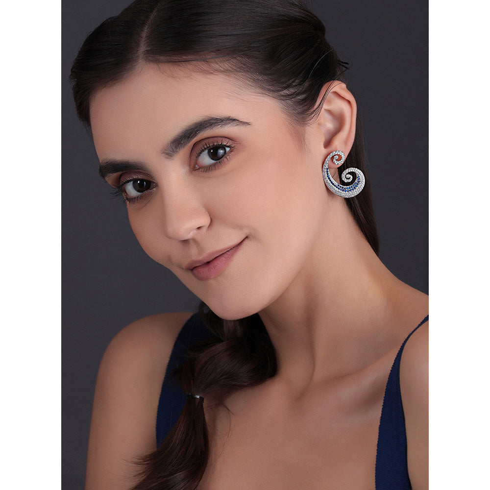 Shaze Silver Rhodium-Plated Cubic Zirconia Blue Paisley Drop Earrings for Women