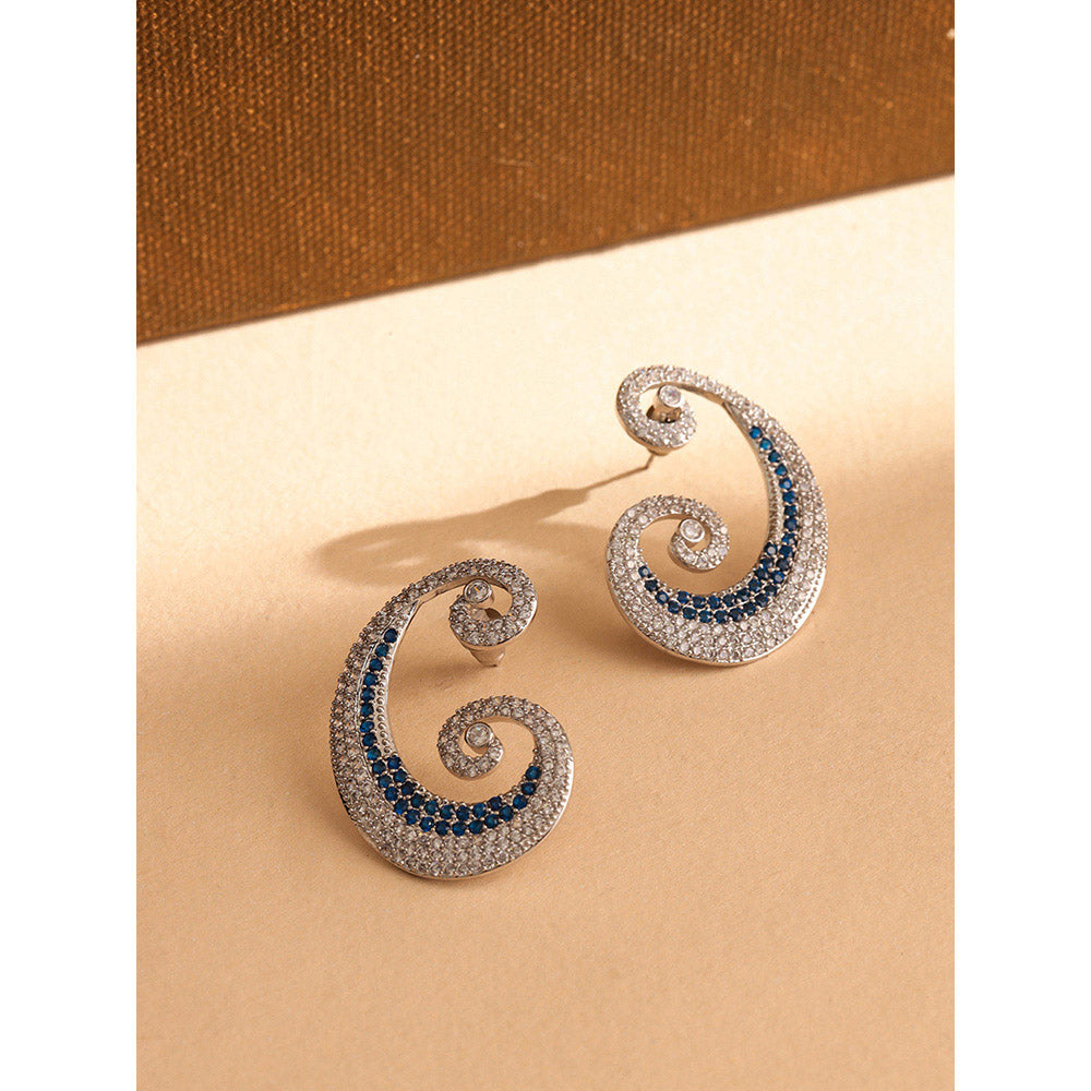 Shaze Silver Rhodium-Plated Cubic Zirconia Blue Paisley Drop Earrings for Women