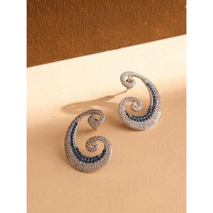 Shaze Silver Rhodium-Plated Cubic Zirconia Blue Paisley Drop Earrings for Women
