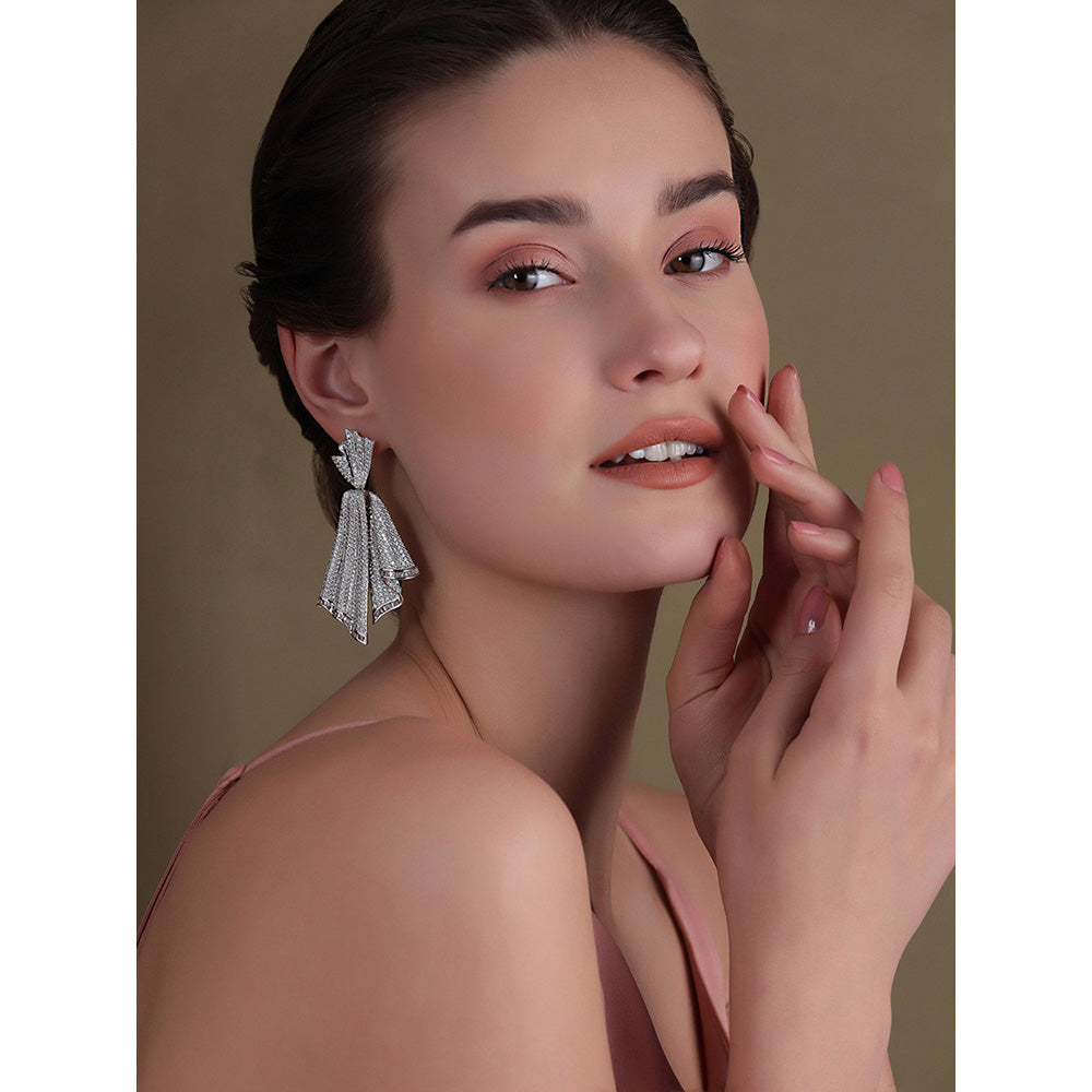 Shaze Silver Rhodium-Plated Cubic Zirconia Dancing Fold Drop Earrings for Women