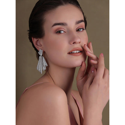 Shaze Silver Rhodium-Plated Cubic Zirconia Dancing Fold Drop Earrings for Women