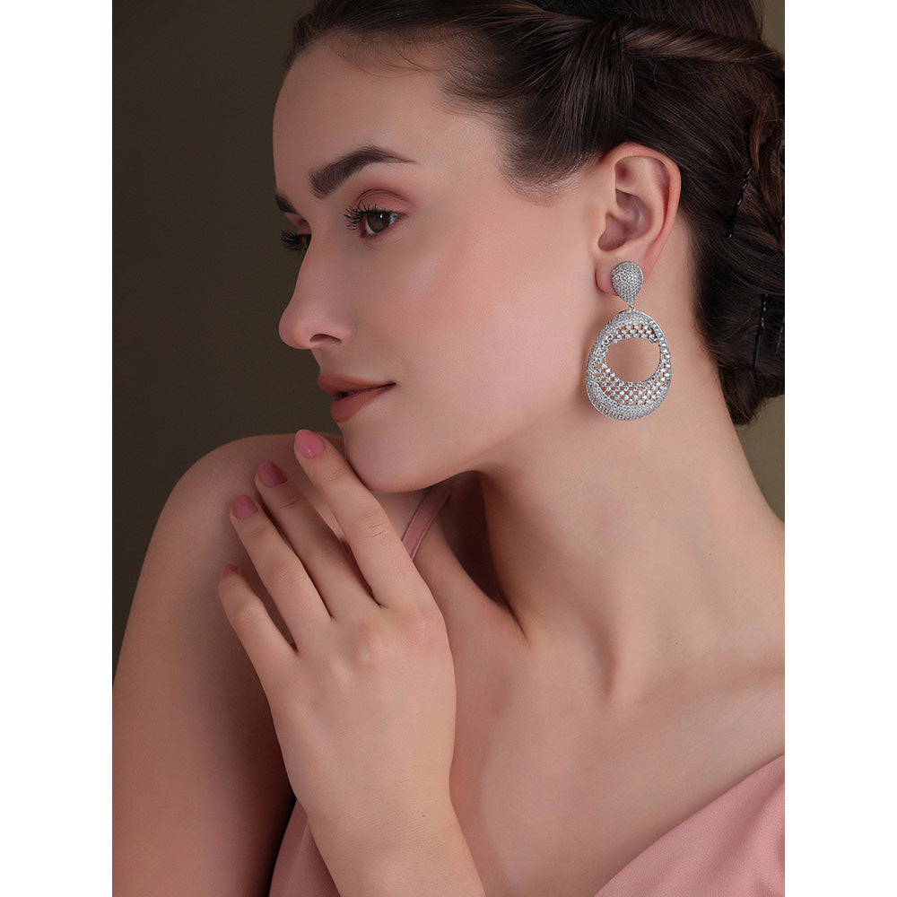 Shaze Silver Rhodium-Plated Cubic Zirconia Pixelation Drop Earrings for Women