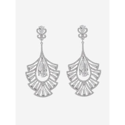 Shaze Silver Rhodium-Plated Cubic Zirconia Drop Fan Earrings for Women