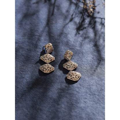 Shaze Silver Rhodium-Plated Cubic Zirconia Filigree Drop Earrings for Women