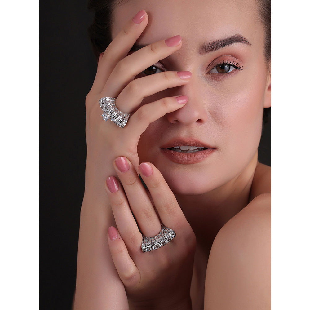 Shaze Silver Rhodium-Plated American Diamond Crystal Stackable Multi Set Ring