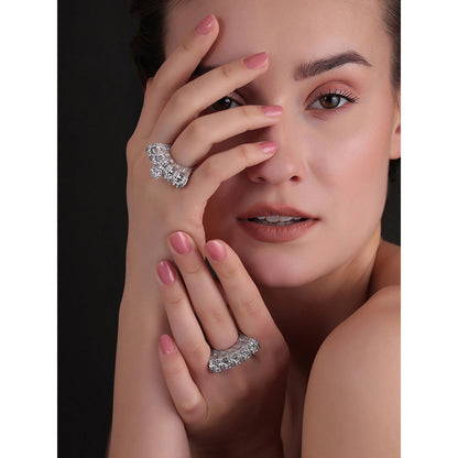 Shaze Silver Rhodium-Plated American Diamond Crystal Stackable Multi Set Ring