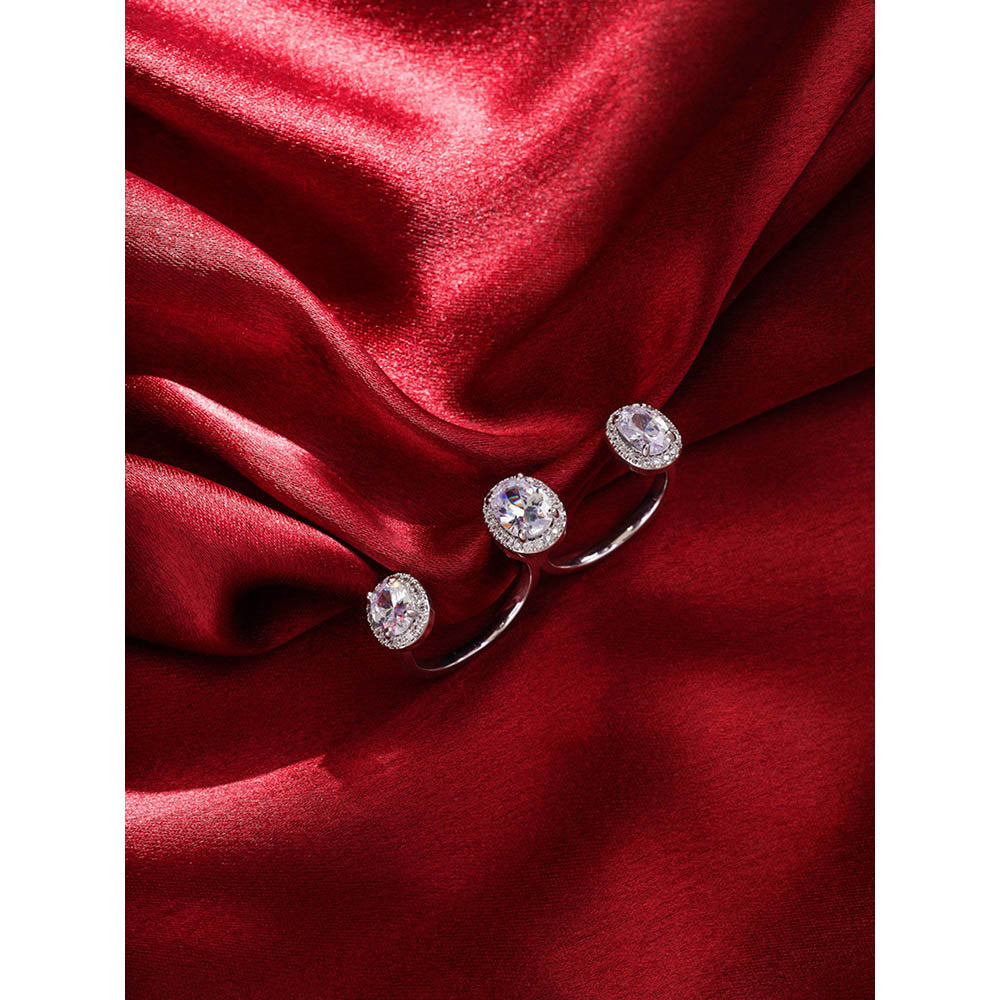 Shaze Silver Rhodium-Plated American Diamond Shinning Star 2 Finger Ring