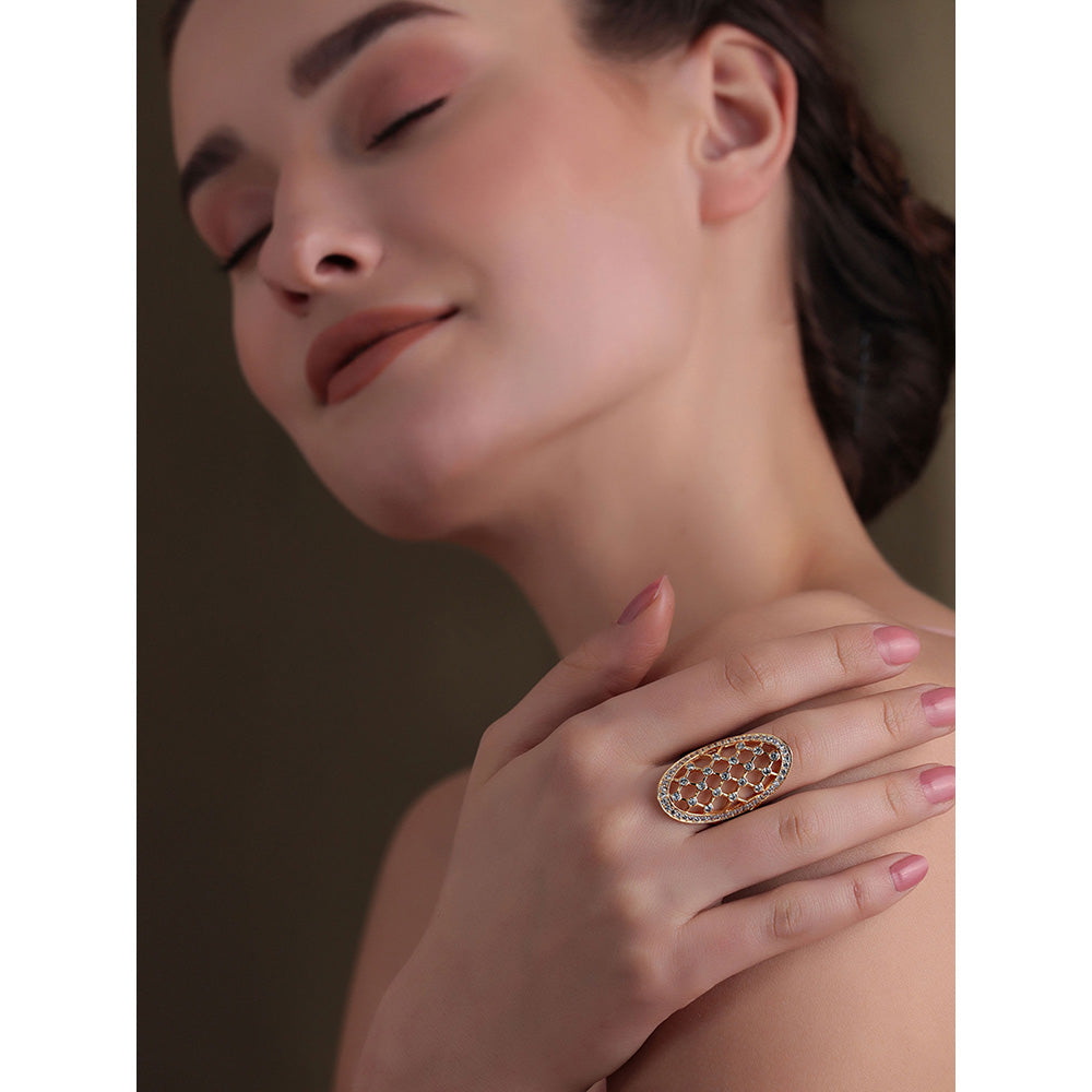 Shaze Gold Rhodium-Plated American Diamond Fretwork Finger Ring