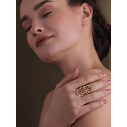 Shaze Gold Rhodium-Plated American Diamond Fretwork Finger Ring