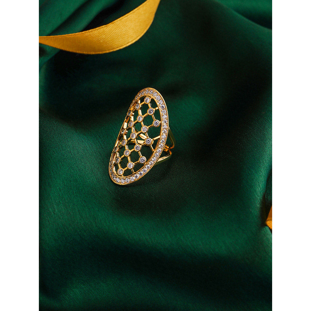 Shaze Gold Rhodium-Plated American Diamond Fretwork Finger Ring