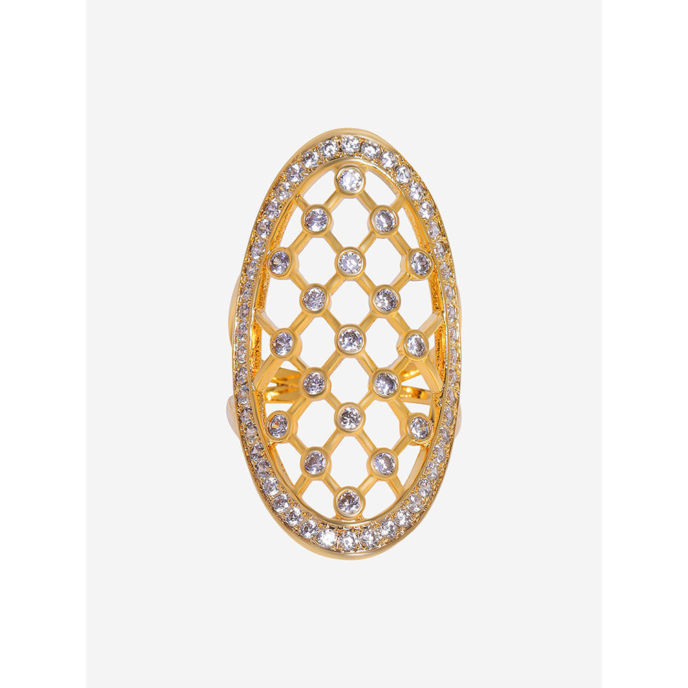 Shaze Gold Rhodium-Plated American Diamond Fretwork Finger Ring