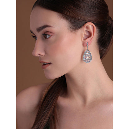 Shaze Silver Rhodium-Plated American Diamond Blossom Drop & Dangle Earrings For Women